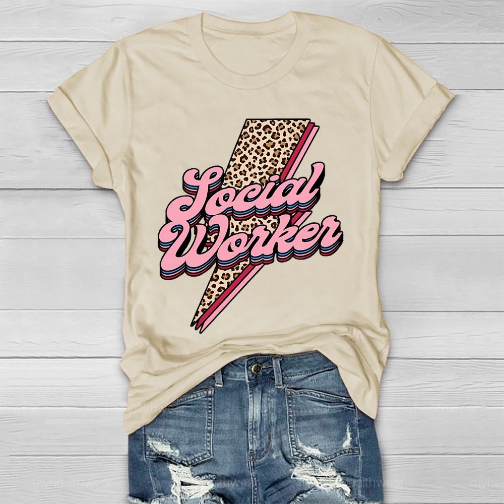 Social Worker Leopard Print Lightning Healthwear T-shirt