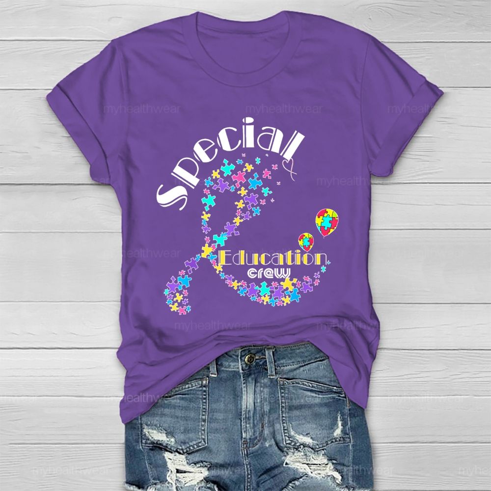 Special Education Crew Colorful Puzzle Ribbon Healthwear T-shirt