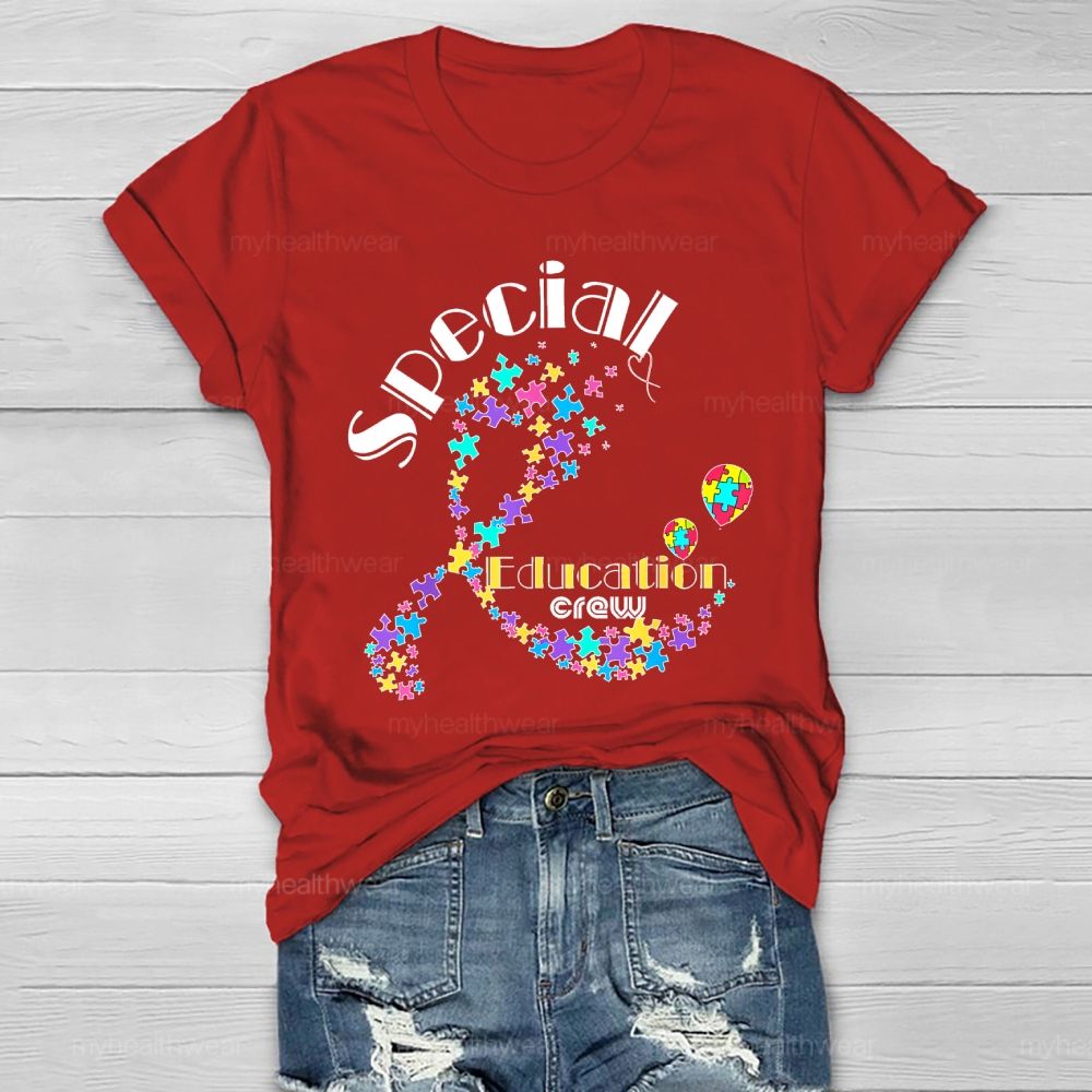 Special Education Crew Colorful Puzzle Ribbon Healthwear T-shirt