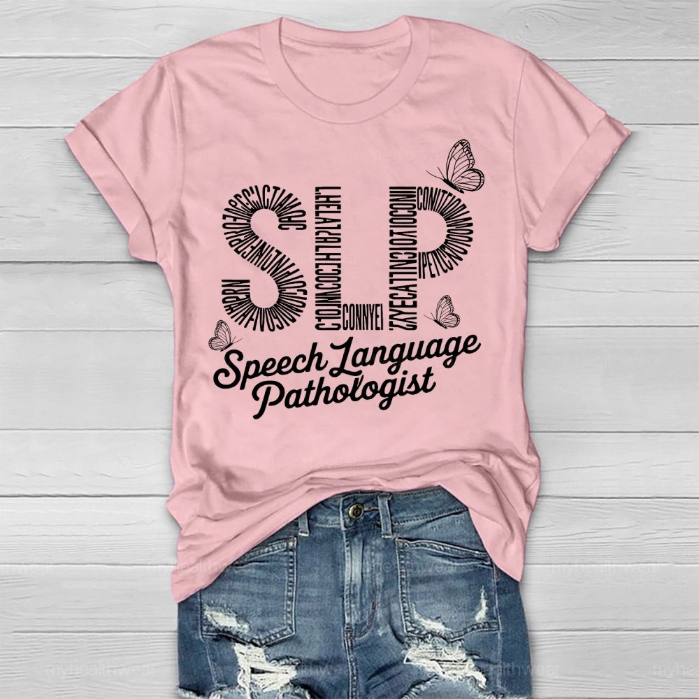 Speech Language Pathologist SLP Letters Butterfly  Healthwear T-shirt
