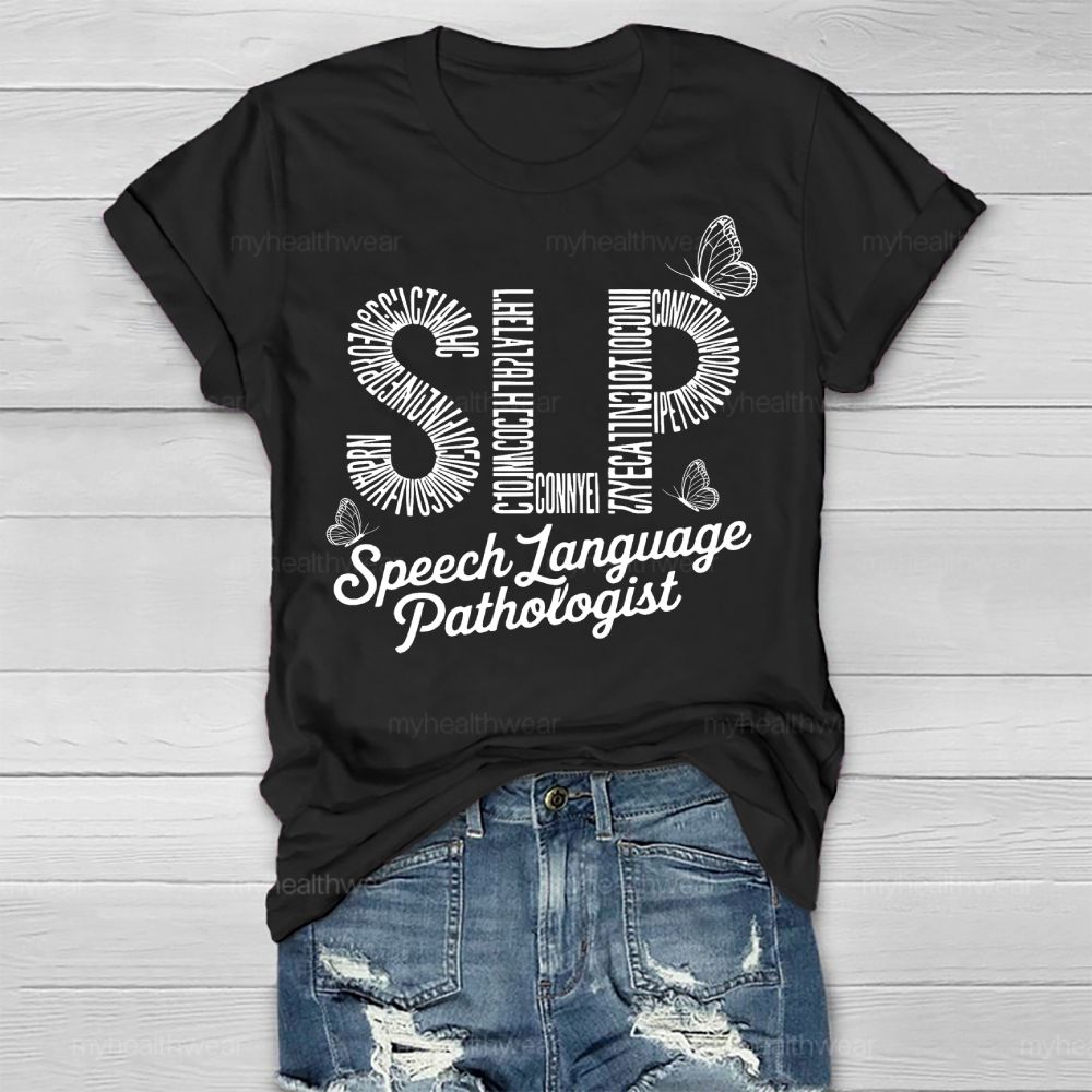 Speech Language Pathologist SLP Letters Butterfly  Healthwear T-shirt
