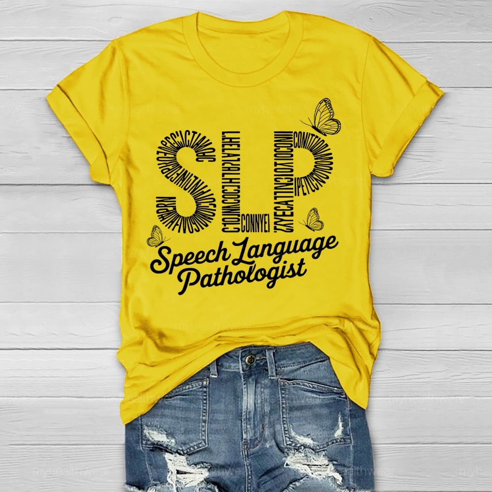 Speech Language Pathologist SLP Letters Butterfly  Healthwear T-shirt