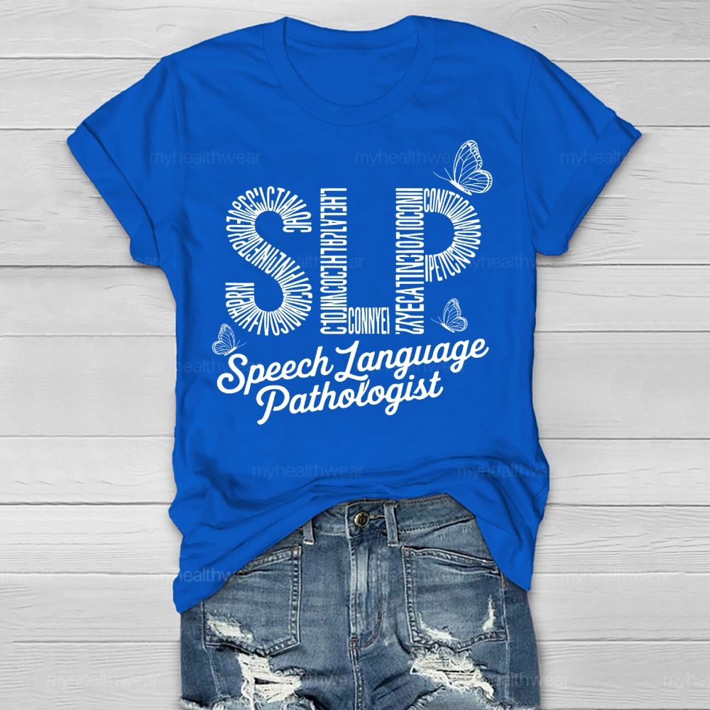 Speech Language Pathologist SLP Letters Butterfly  Healthwear T-shirt