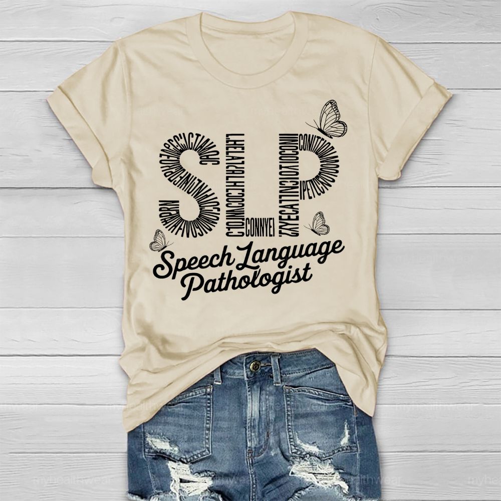 Speech Language Pathologist SLP Letters Butterfly  Healthwear T-shirt
