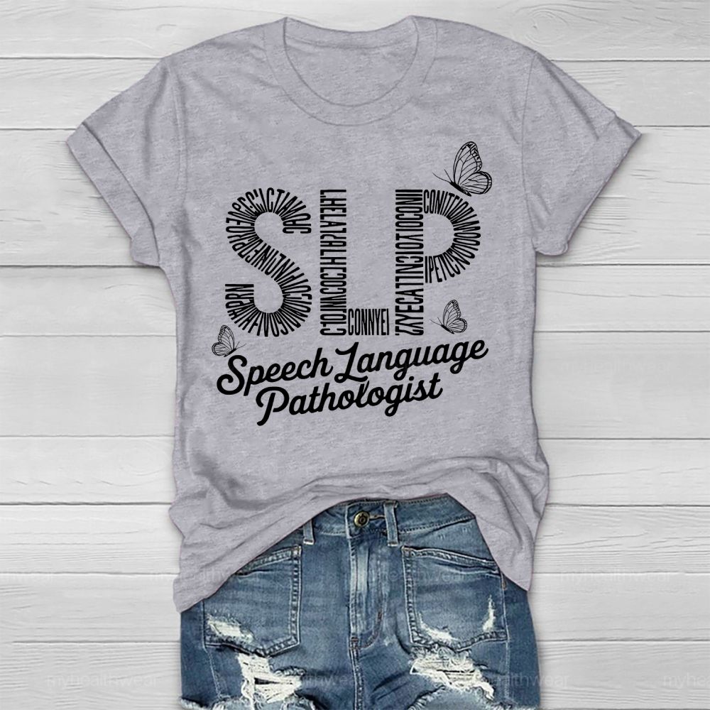 Speech Language Pathologist SLP Letters Butterfly  Healthwear T-shirt