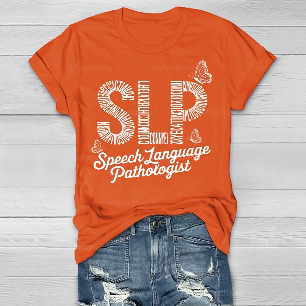 Speech Language Pathologist SLP Letters Butterfly  Healthwear T-shirt