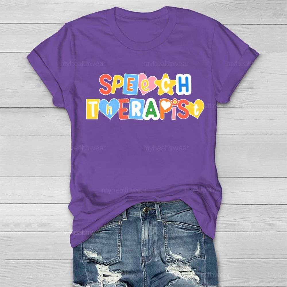 Speech Therapist Colorful Hearts Block Letters  Healthwear T-shirt