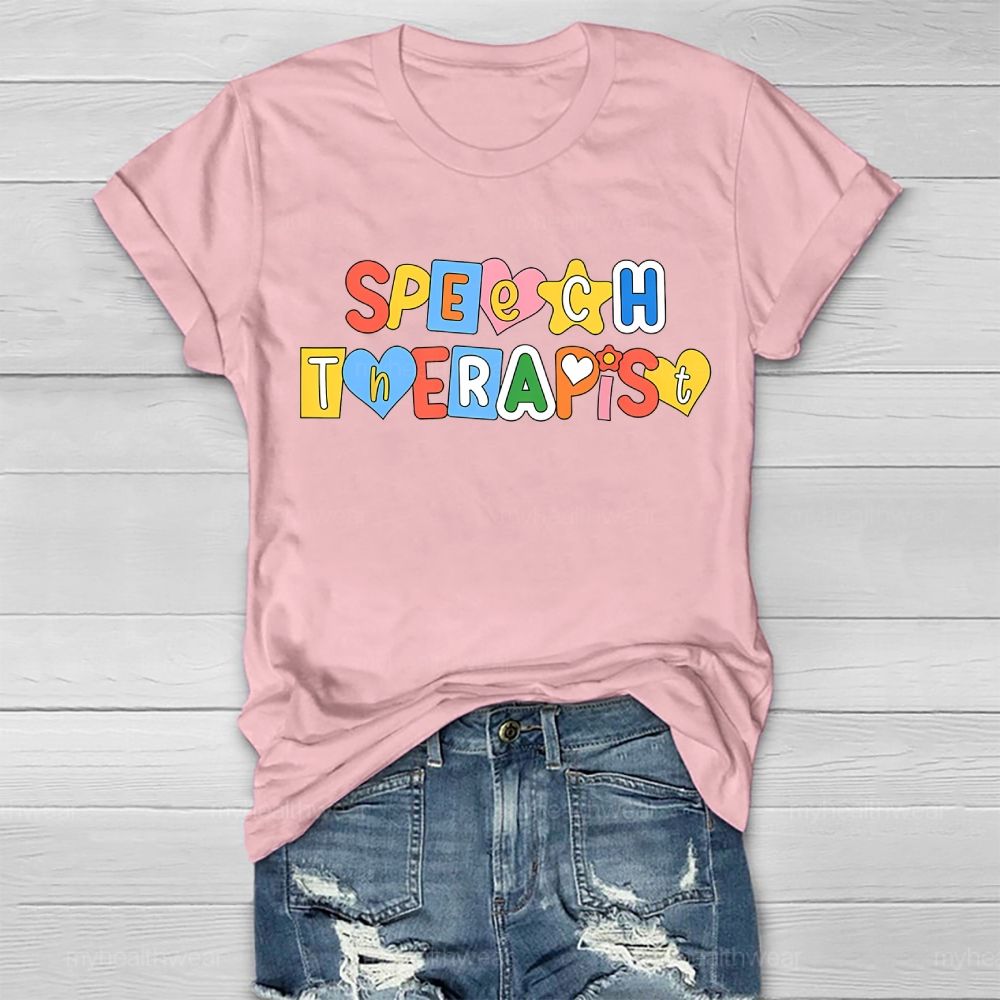 Speech Therapist Colorful Hearts Block Letters  Healthwear T-shirt