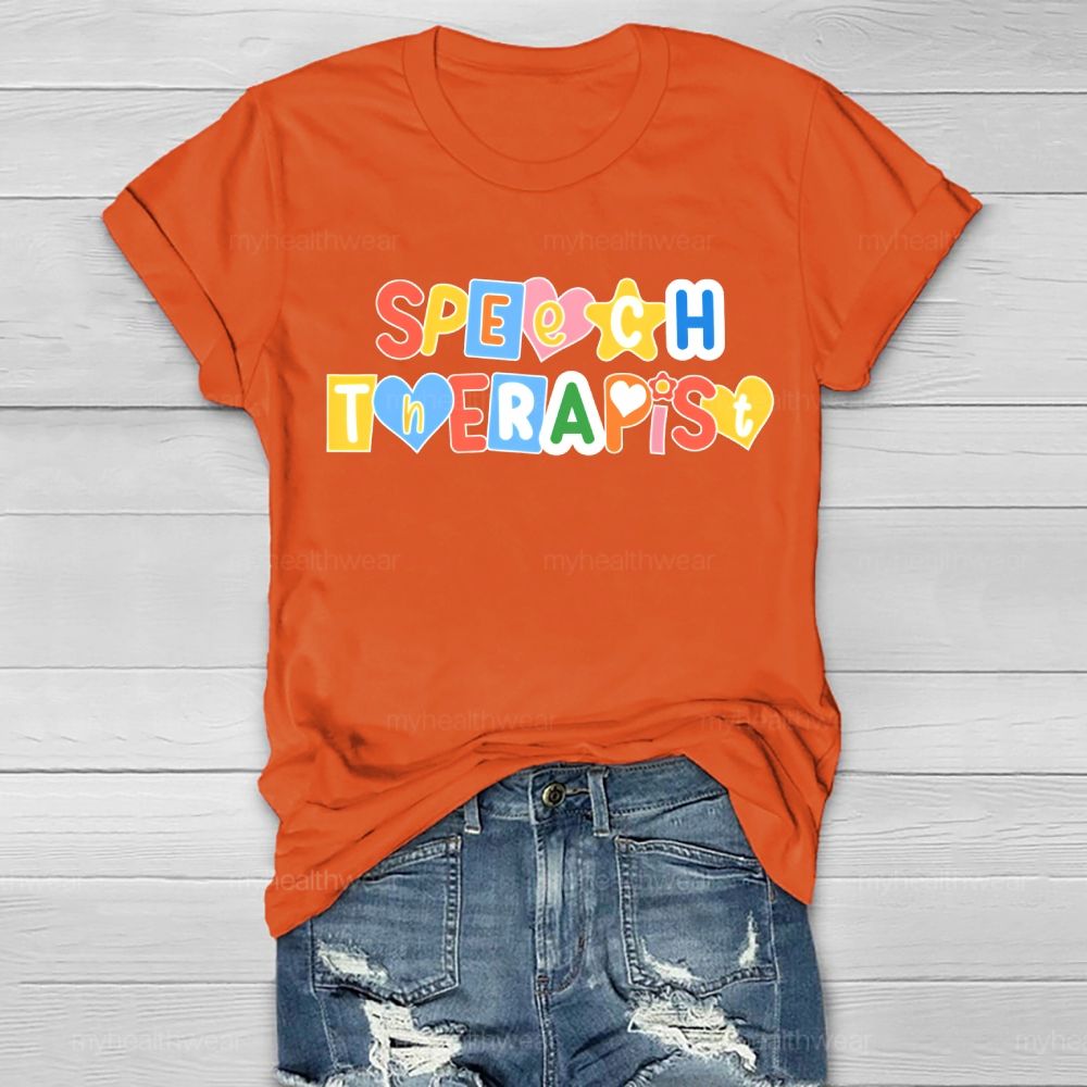 Speech Therapist Colorful Hearts Block Letters  Healthwear T-shirt