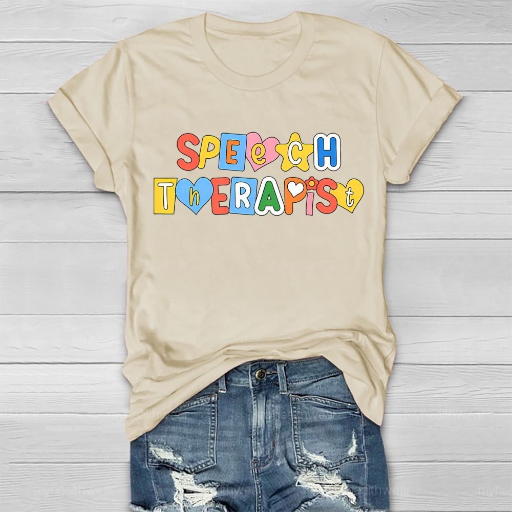 Speech Therapist Colorful Hearts Block Letters  Healthwear T-shirt