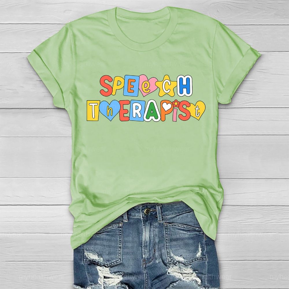 Speech Therapist Colorful Hearts Block Letters  Healthwear T-shirt