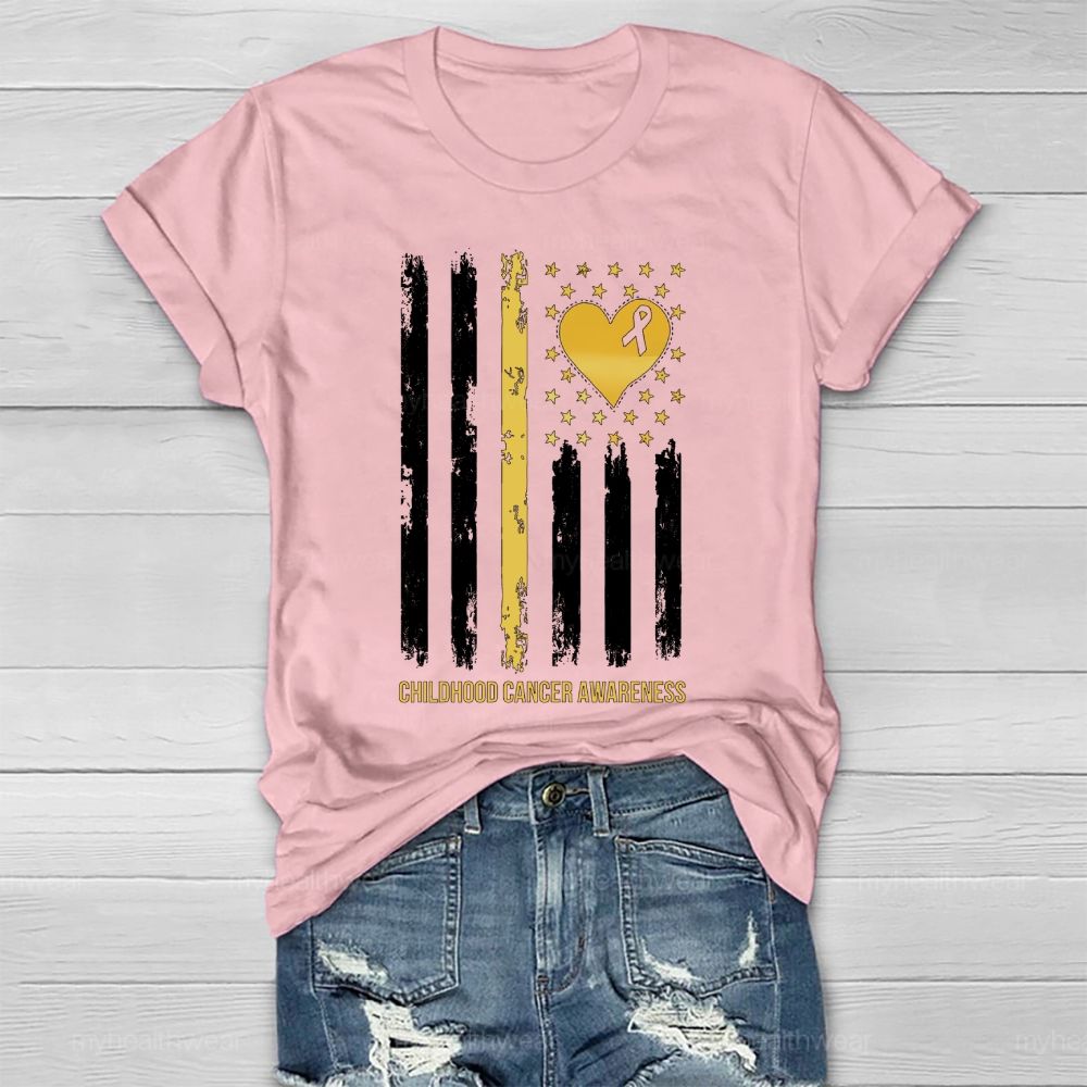 Childhood Cancer Awareness Gold Ribbon Flag Heart  Healthwear T-shirt