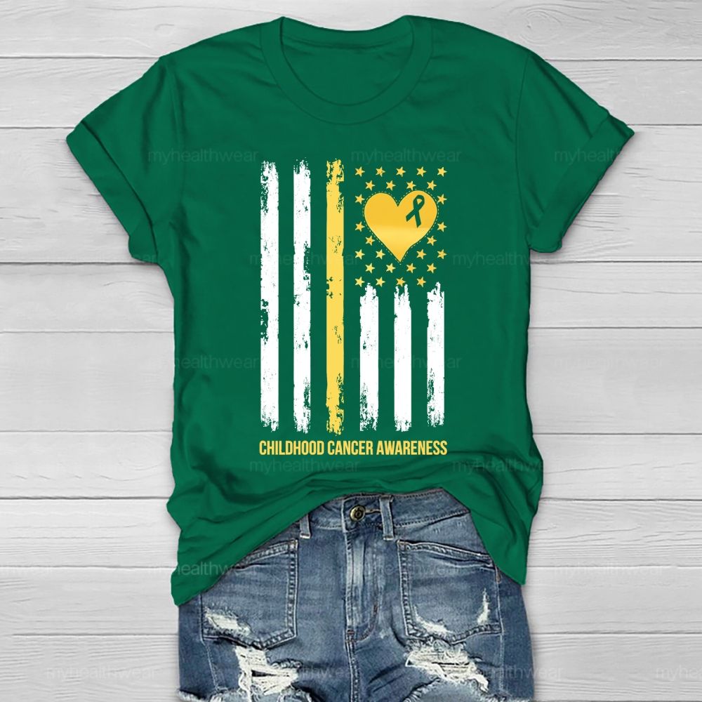 Childhood Cancer Awareness Gold Ribbon Flag Heart  Healthwear T-shirt