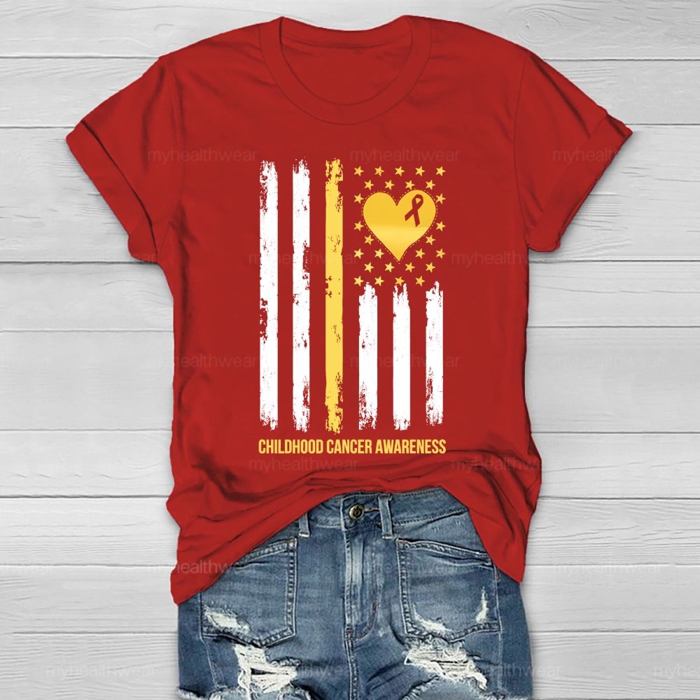 Childhood Cancer Awareness Gold Ribbon Flag Heart  Healthwear T-shirt