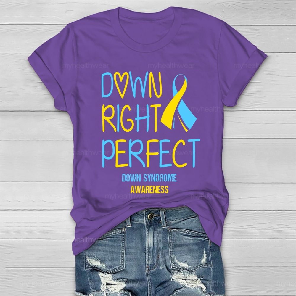 Down Right Perfect Down Syndrome Awareness Yellow And Blue Ribbon  Healthwear T-shirt