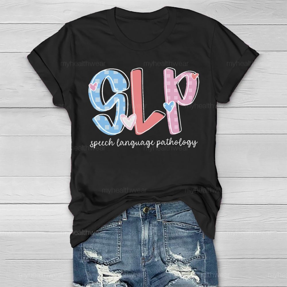 SLP Speech Language Pathologist Love Checkered Healthwear T-shirt
