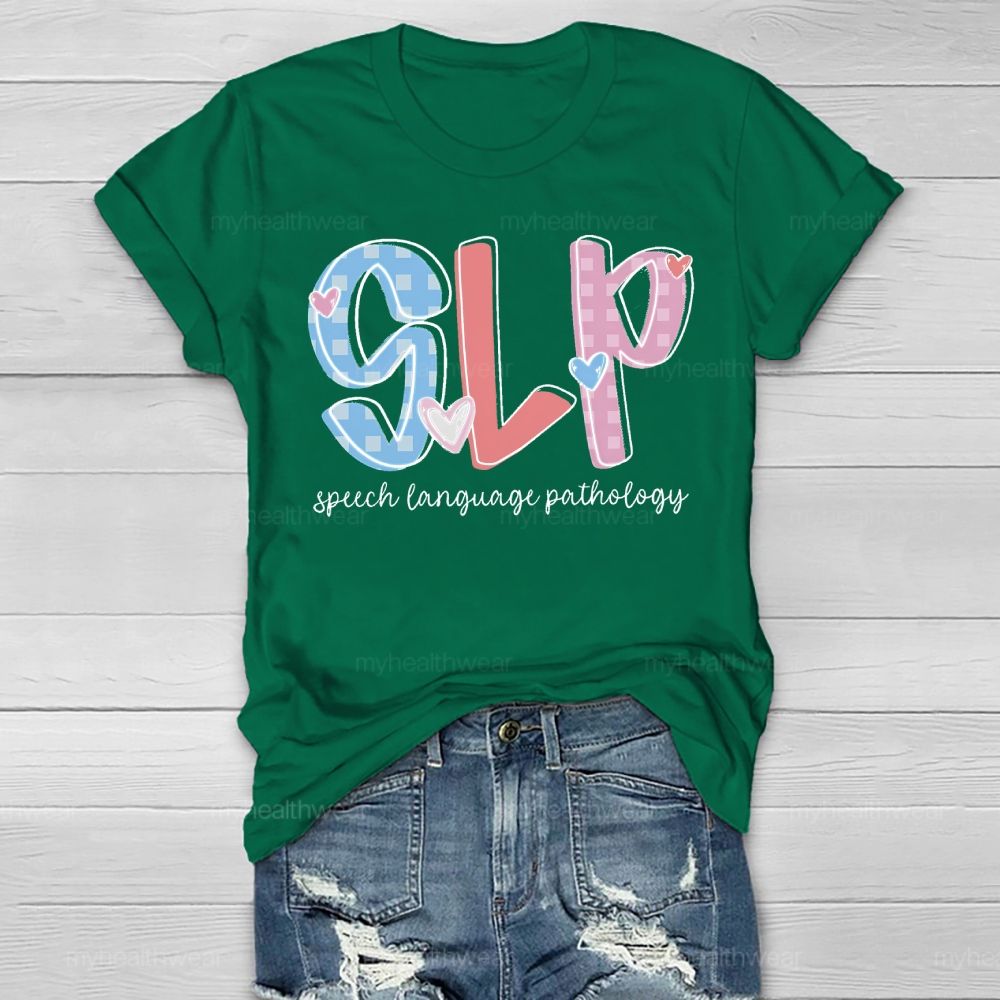 SLP Speech Language Pathologist Love Checkered Healthwear T-shirt