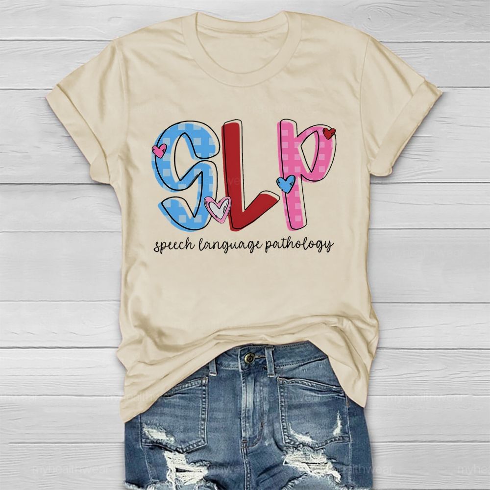 SLP Speech Language Pathologist Love Checkered Healthwear T-shirt