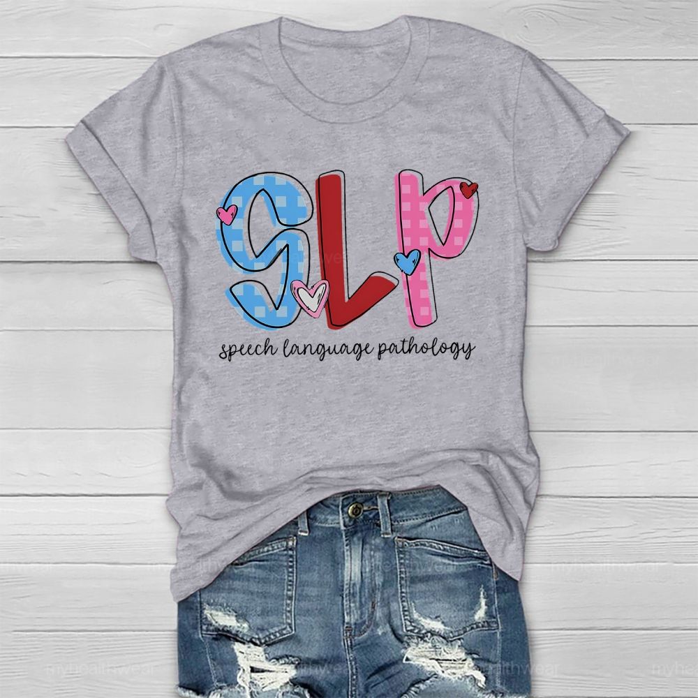 SLP Speech Language Pathologist Love Checkered Healthwear T-shirt