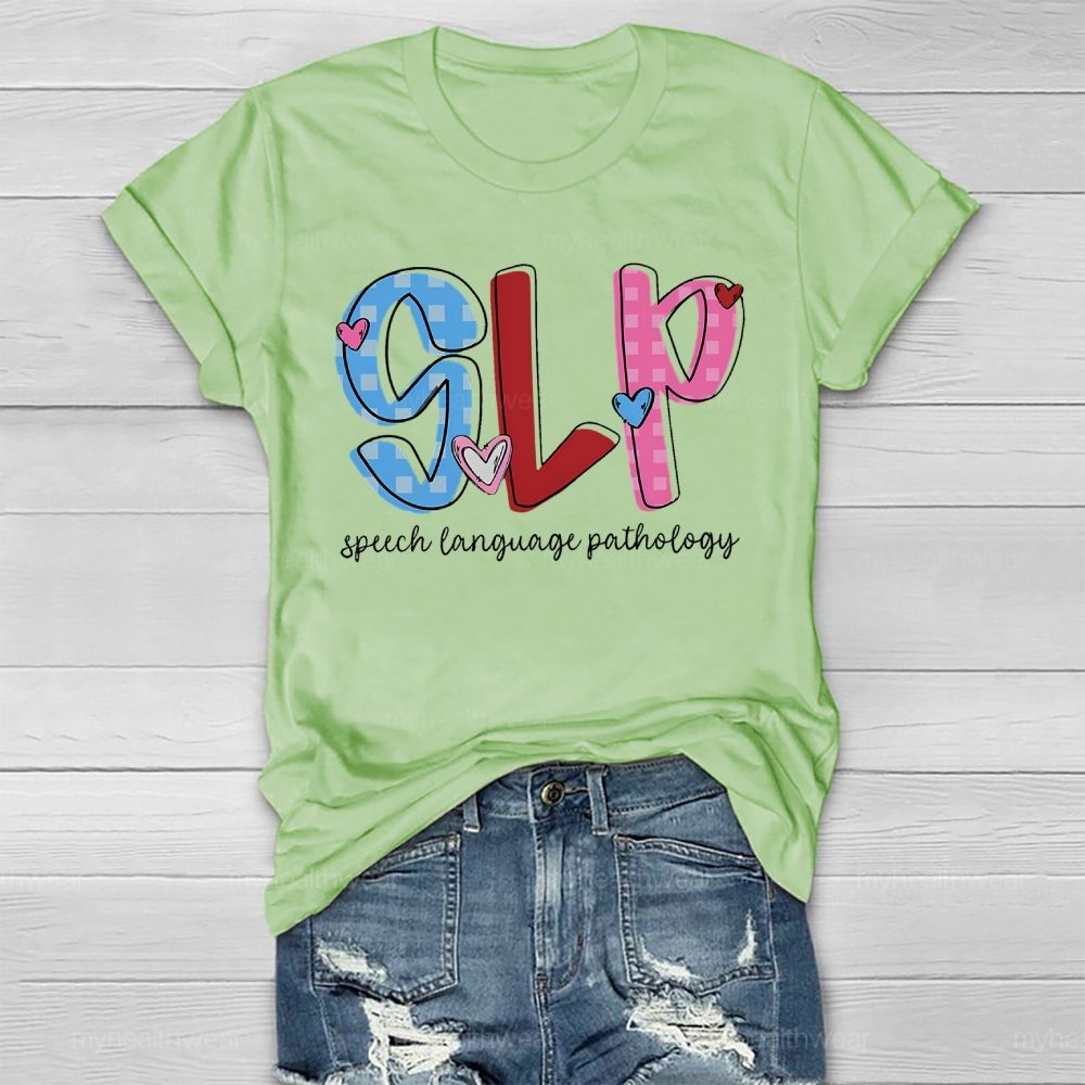 SLP Speech Language Pathologist Love Checkered Healthwear T-shirt