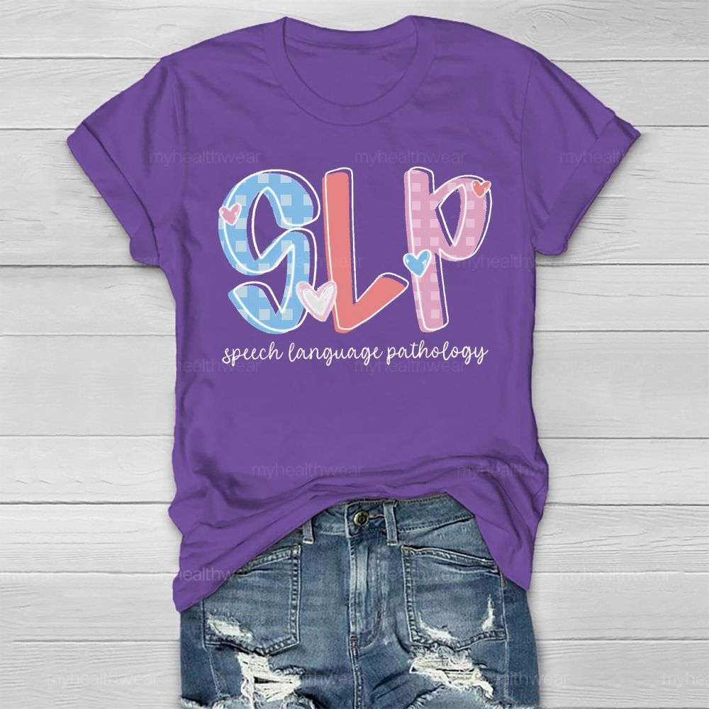 SLP Speech Language Pathologist Love Checkered Healthwear T-shirt