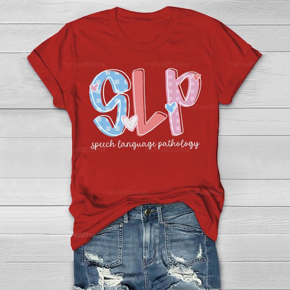 SLP Speech Language Pathologist Love Checkered Healthwear T-shirt