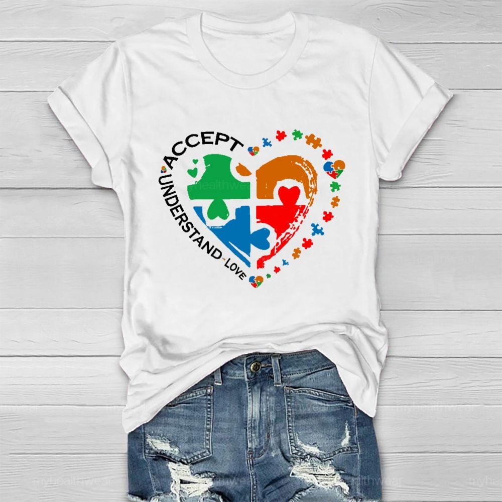 Accept  Understand  Love   Puzzle Autism Graphic  Healthwear T-shirt