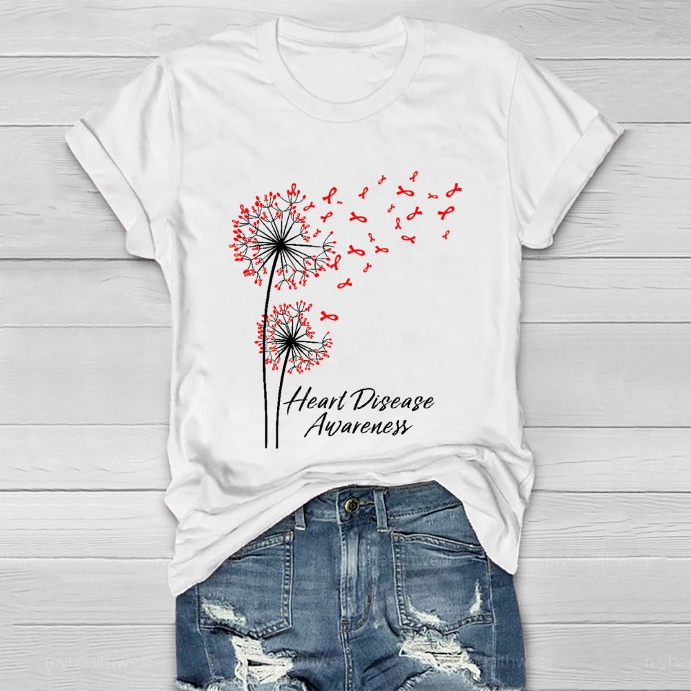 Heart   Disease Awareness  Dandelion   Red  Ribbon Healthwear T-shirt