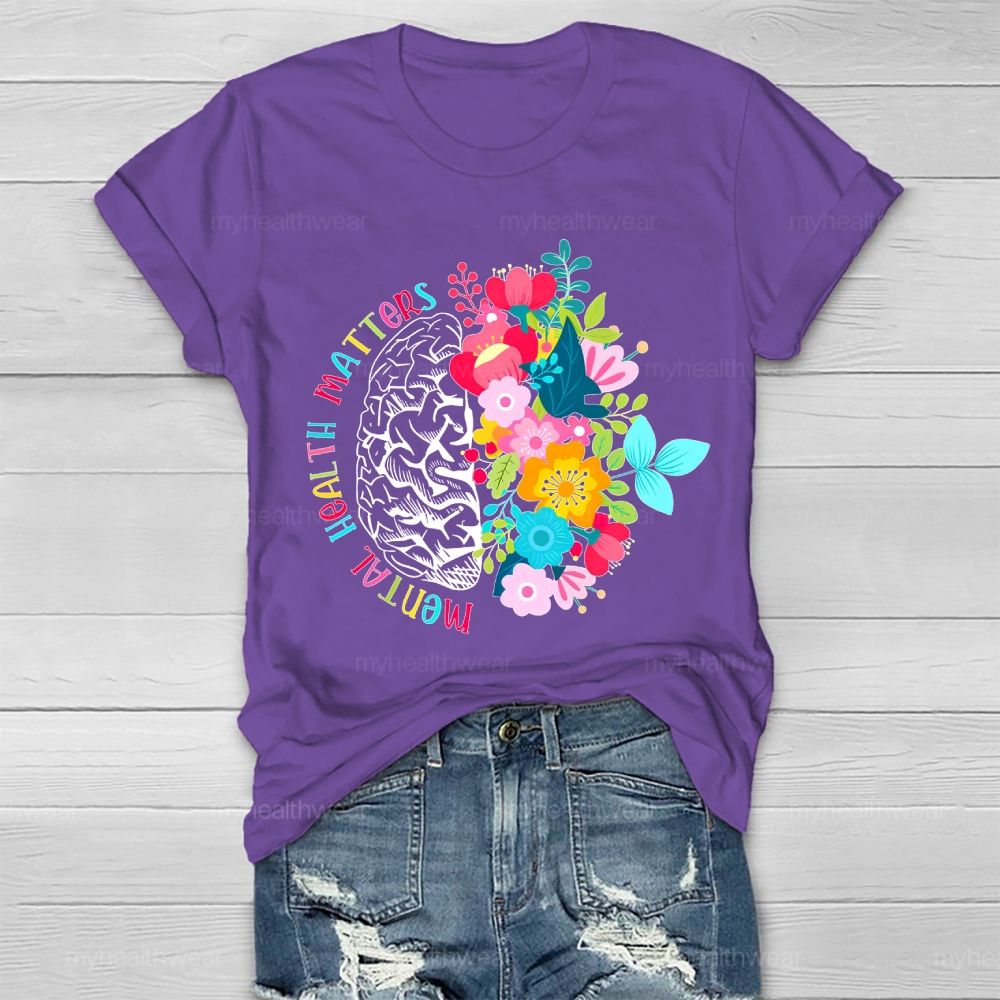 Mental Health Matters Brain Flower  Graphic  Healthwear T-shirt
