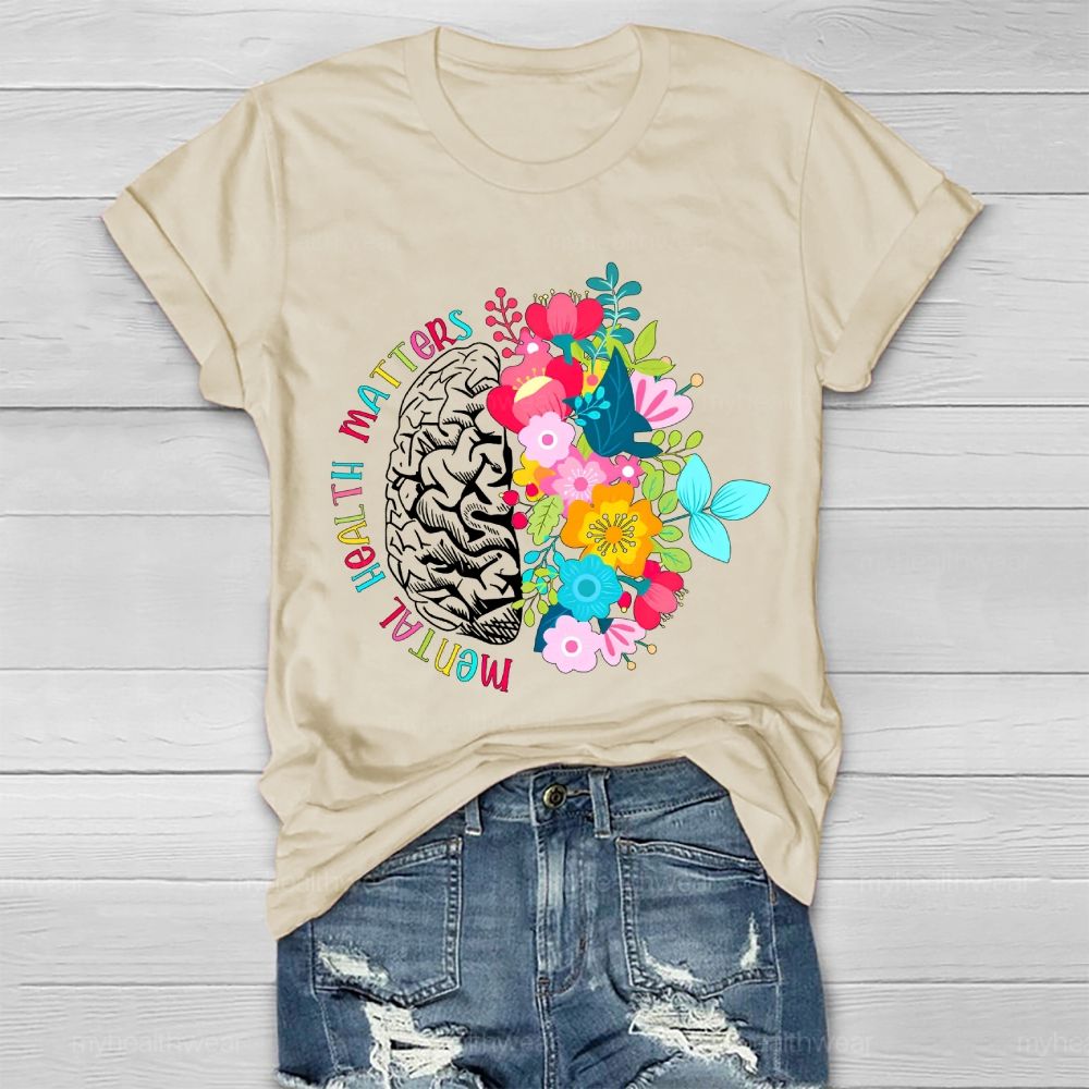 Mental Health Matters Brain Flower  Graphic  Healthwear T-shirt