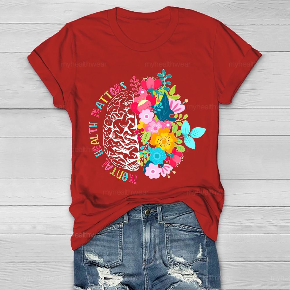 Mental Health Matters Brain Flower  Graphic  Healthwear T-shirt