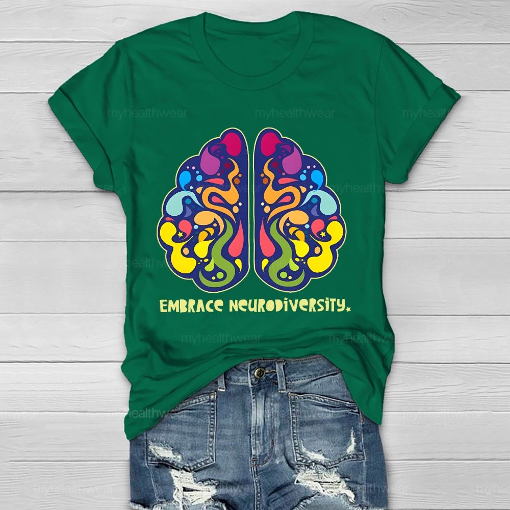 Embrace Neurodiversity Colorful Brain Graphics  Healthwear T-shirt