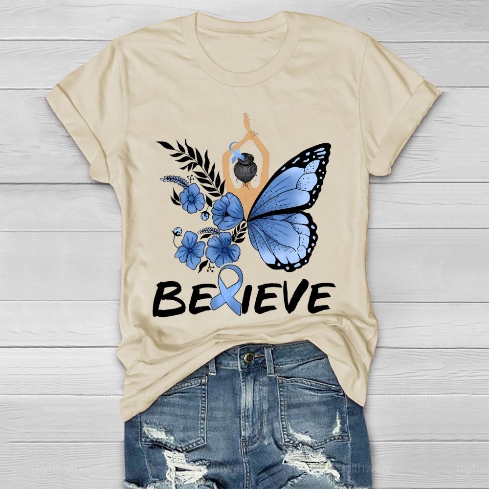 Believe Blue Ribbon Butterfly  Healthwear T-shirt
