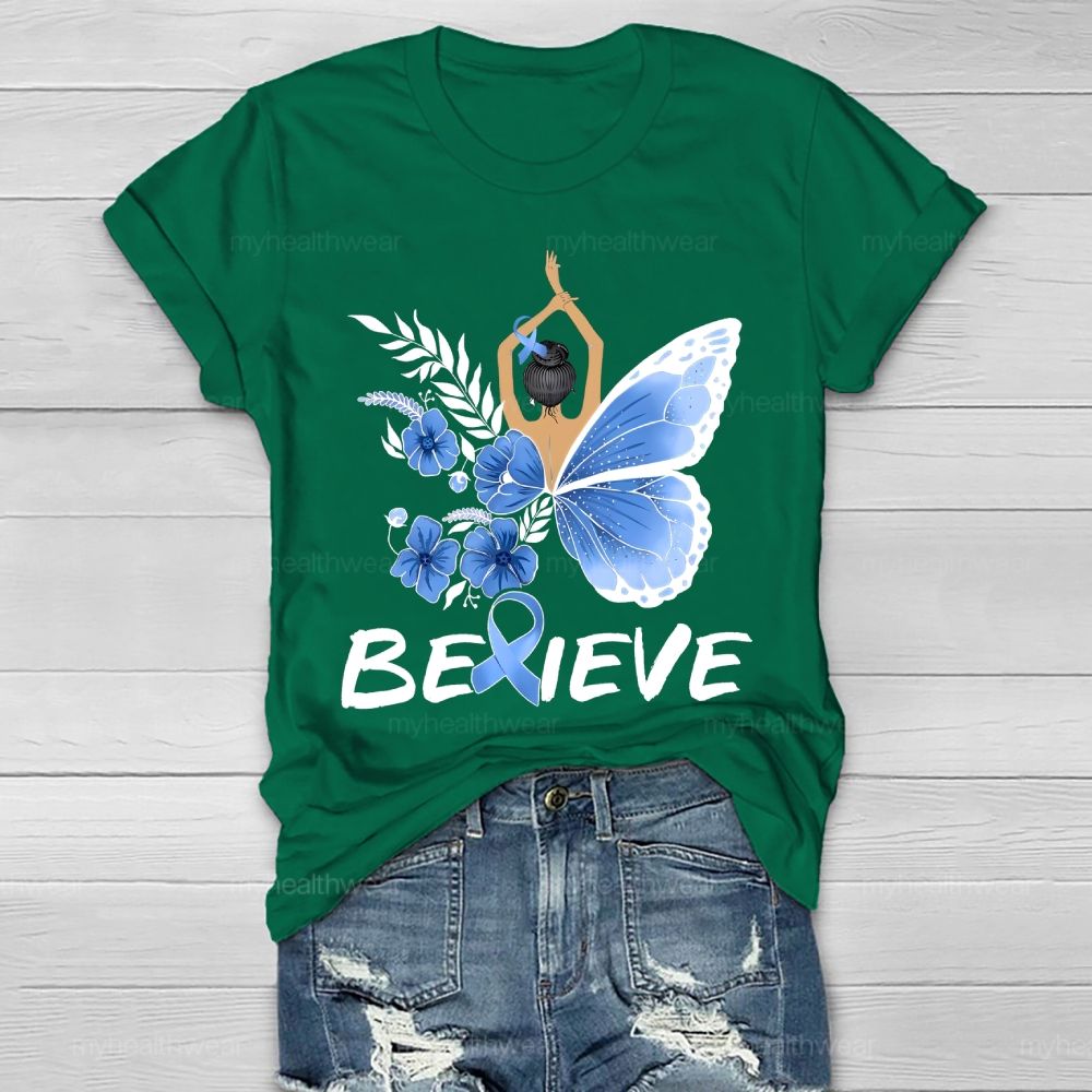 Believe Blue Ribbon Butterfly  Healthwear T-shirt