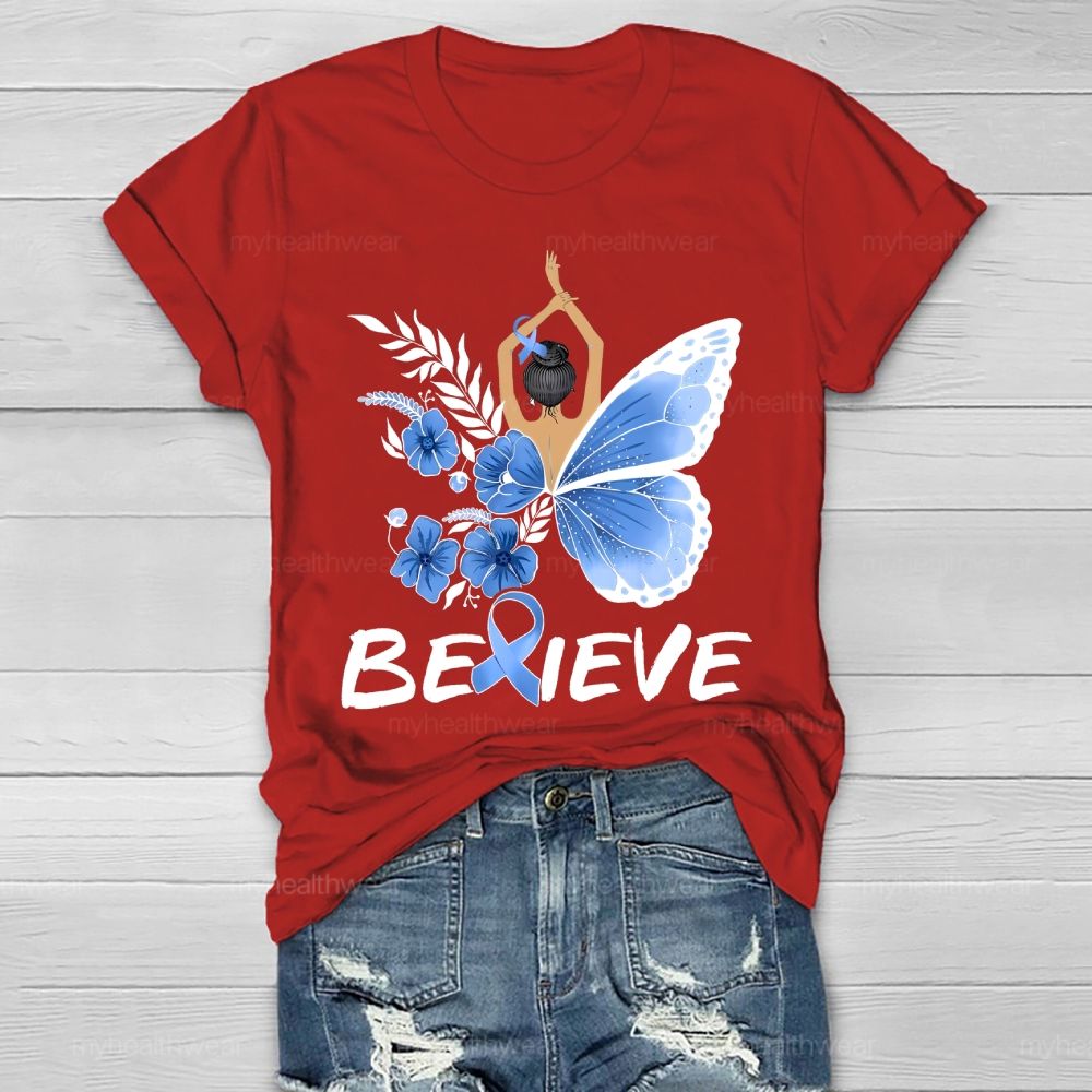 Believe Blue Ribbon Butterfly  Healthwear T-shirt
