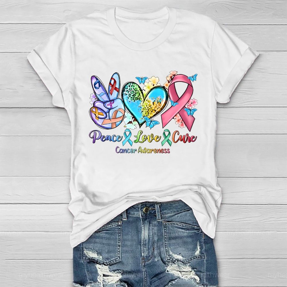 Peace & Love & Cure Cancer Awareness Pattern  Healthwear T-shirt