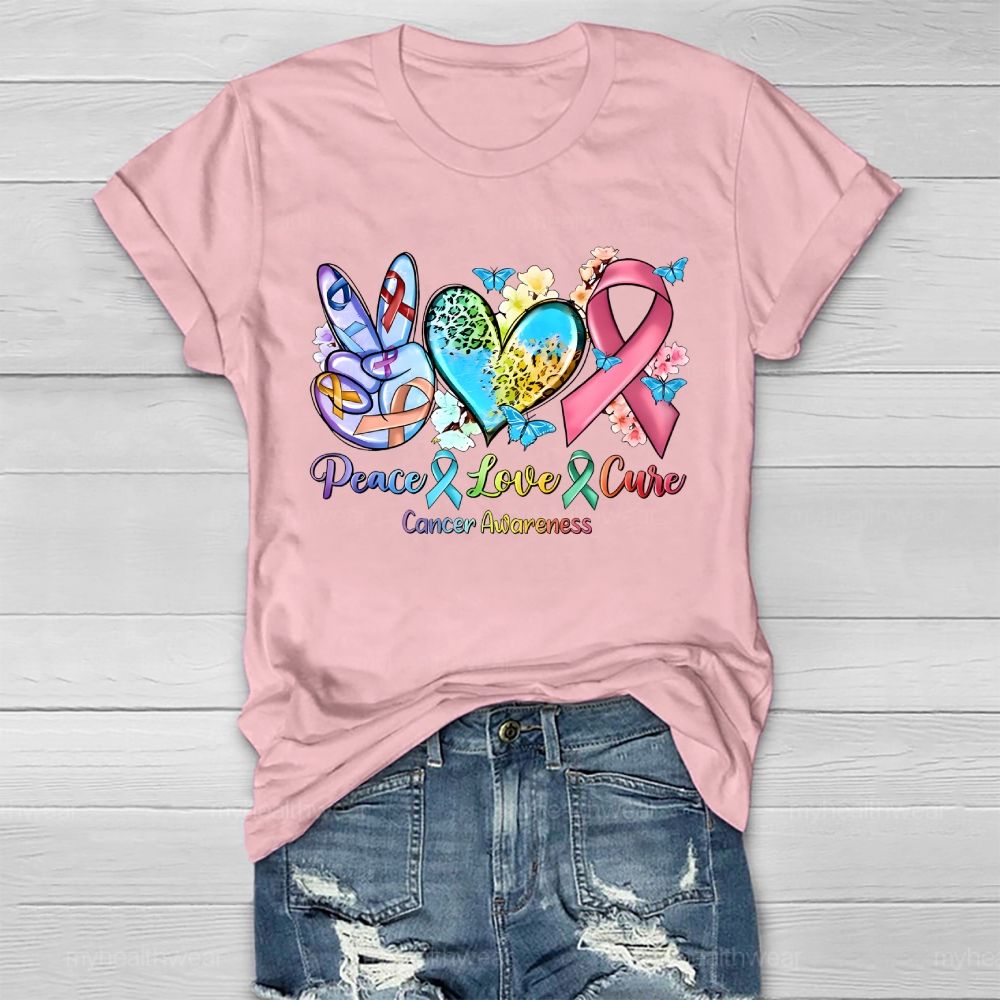 Peace & Love & Cure Cancer Awareness Pattern  Healthwear T-shirt