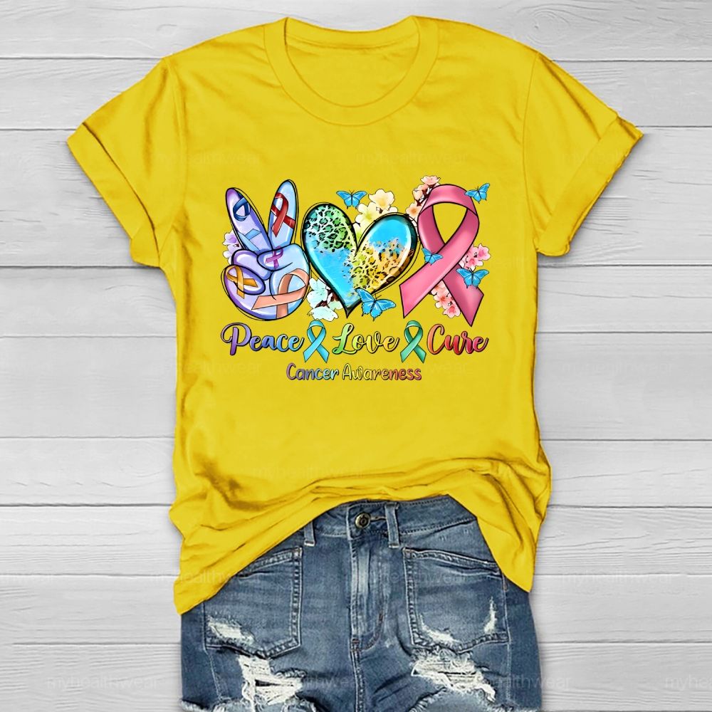 Peace & Love & Cure Cancer Awareness Pattern  Healthwear T-shirt