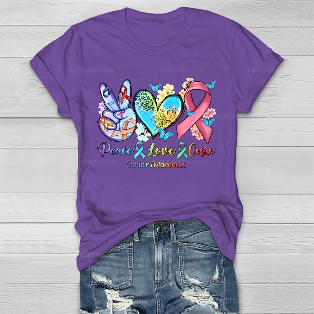 Peace & Love & Cure Cancer Awareness Pattern  Healthwear T-shirt