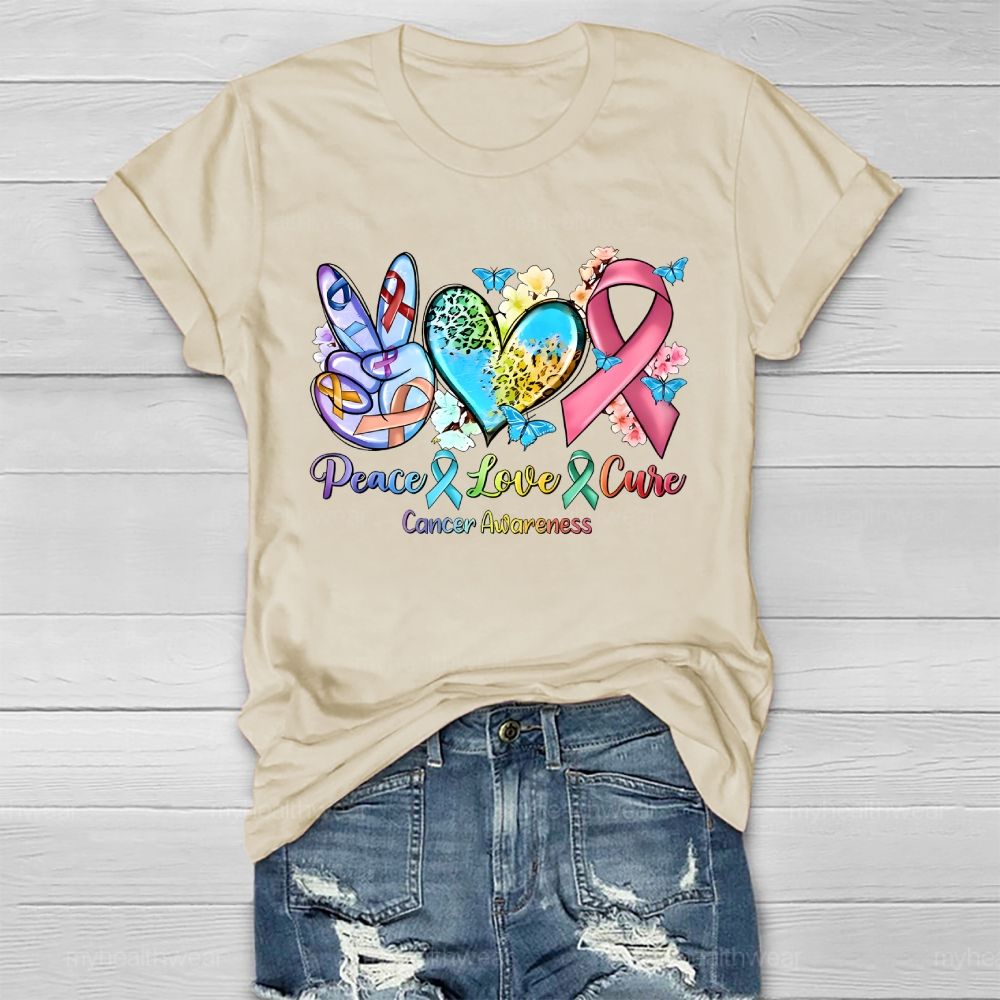 Peace & Love & Cure Cancer Awareness Pattern  Healthwear T-shirt