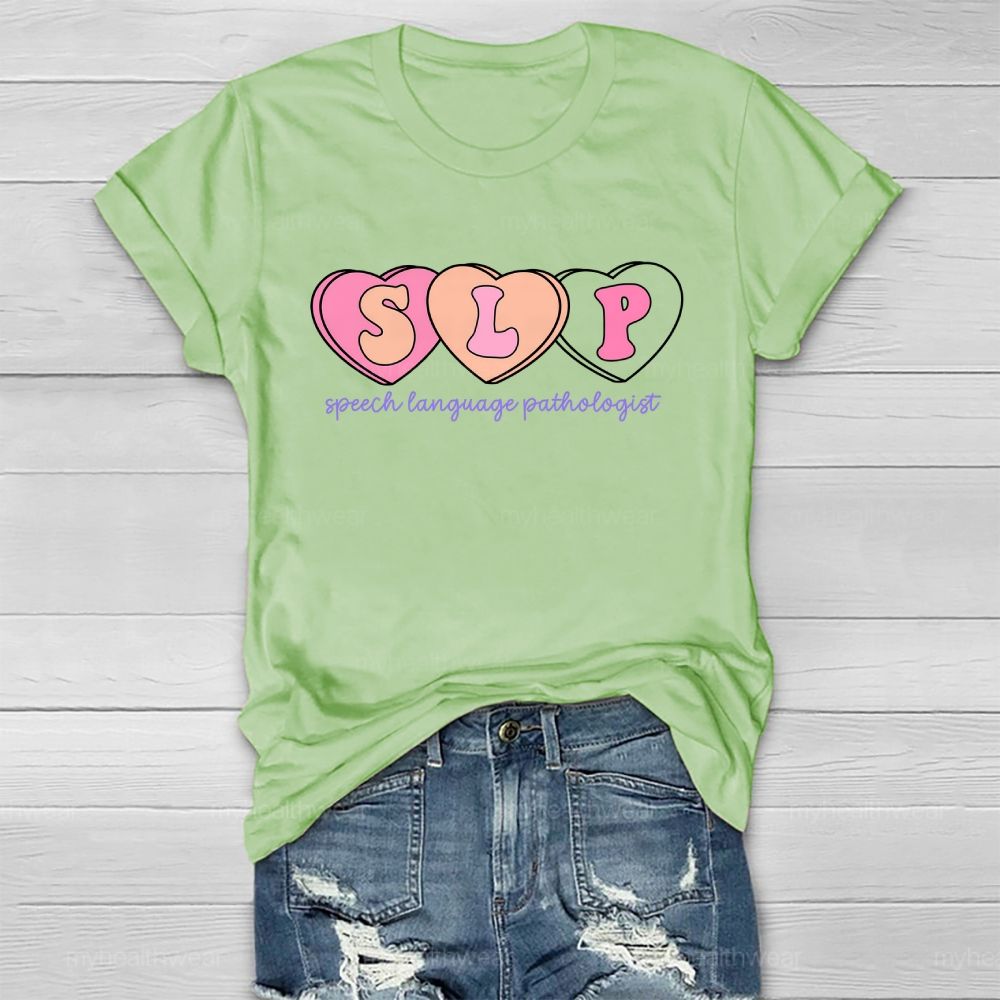 SLP  Speech Language Pathologist Heart Shape  Healthwear T-shirt