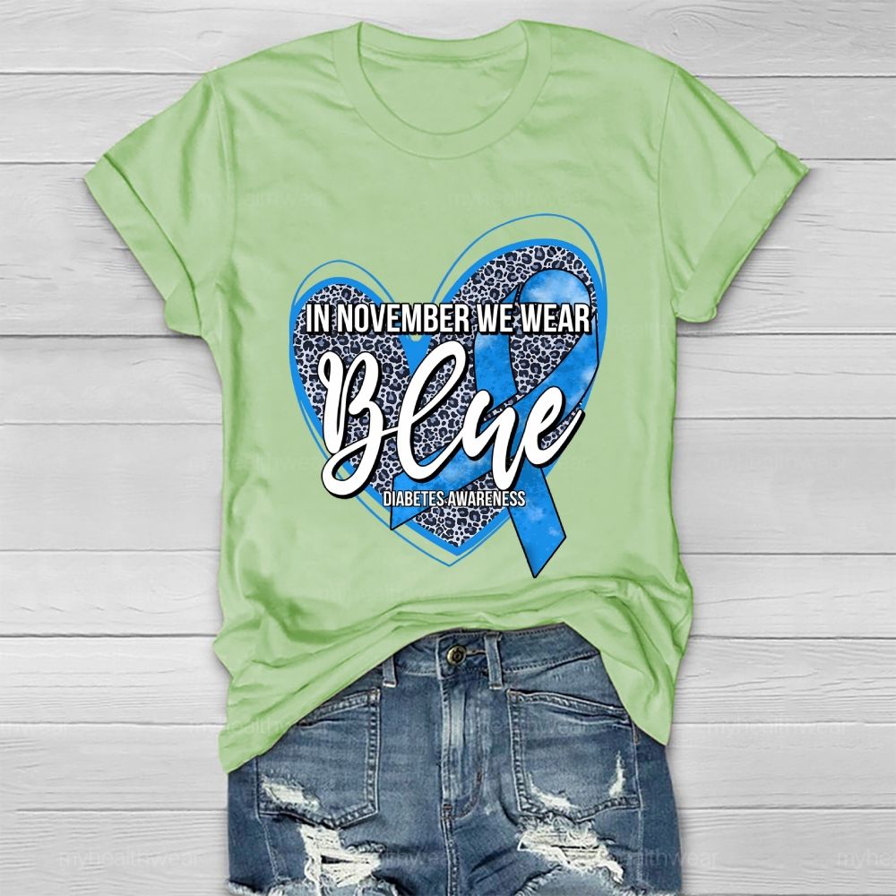 In November We Wear Blue Diabetes Awareness Leopard Print Heart  Healthwear T-shirt