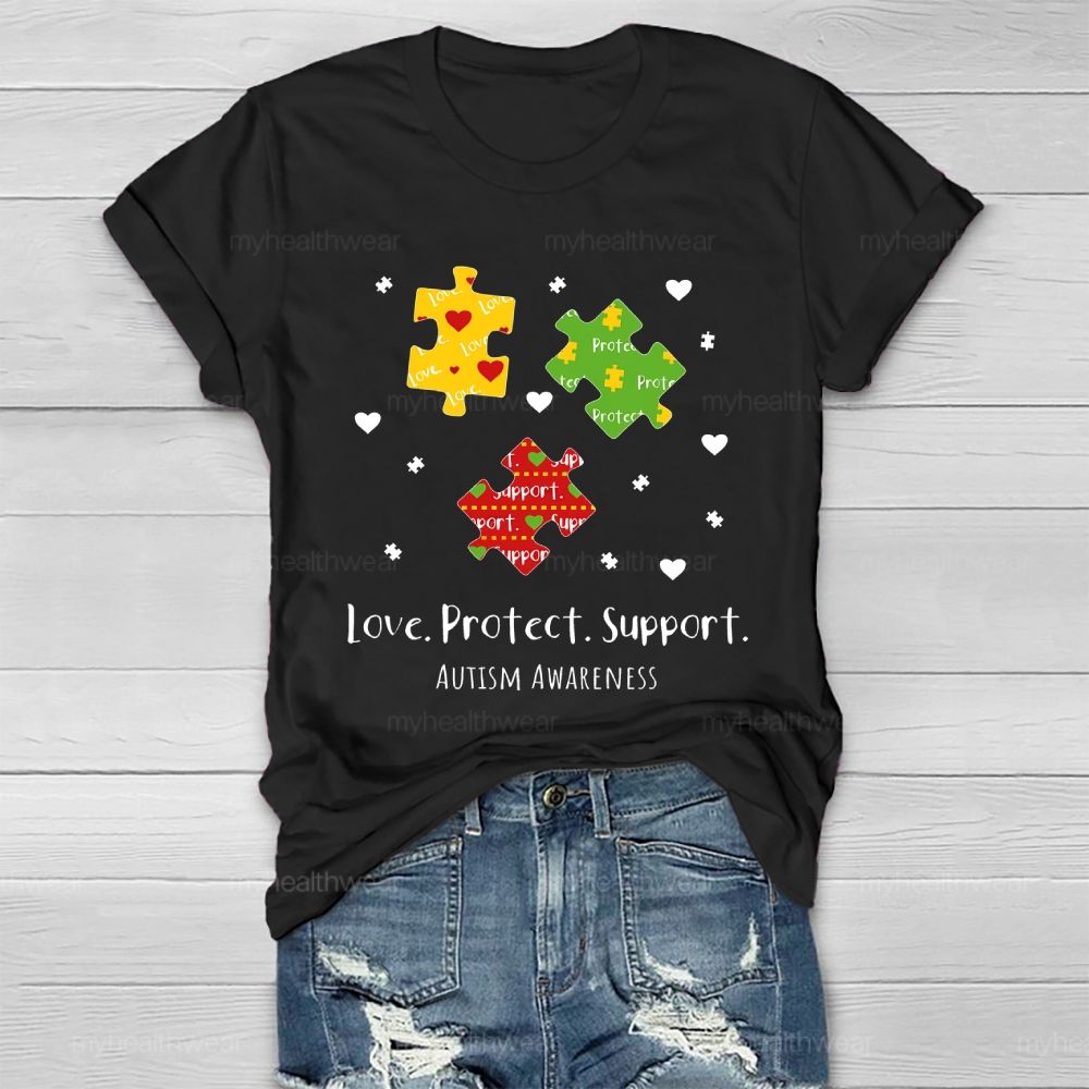 Love  Protect Support  Autism Awareness   Healthwear T-shirt