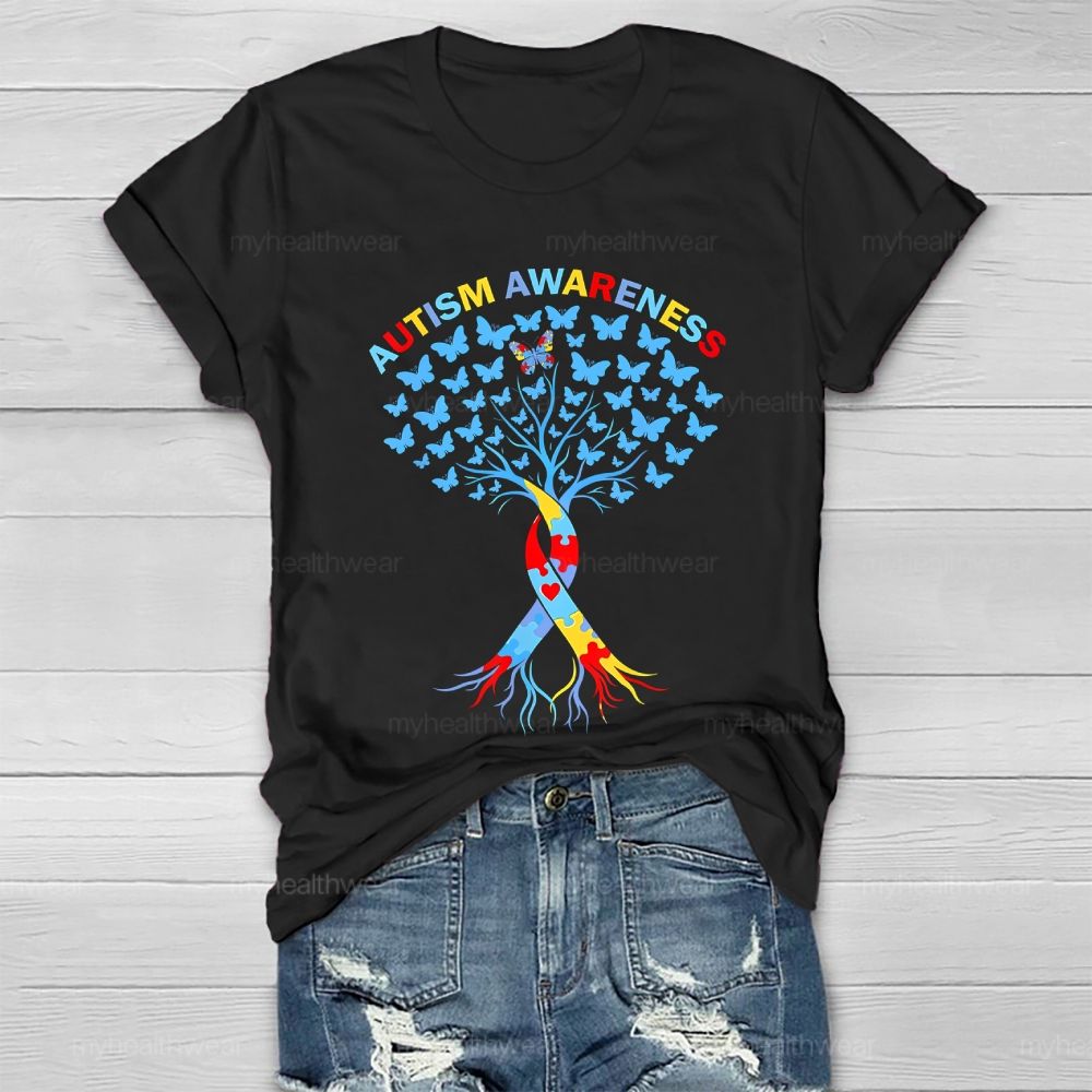 Autism Awareness Butterfly Tree Graphics  Healthwear T-shirt