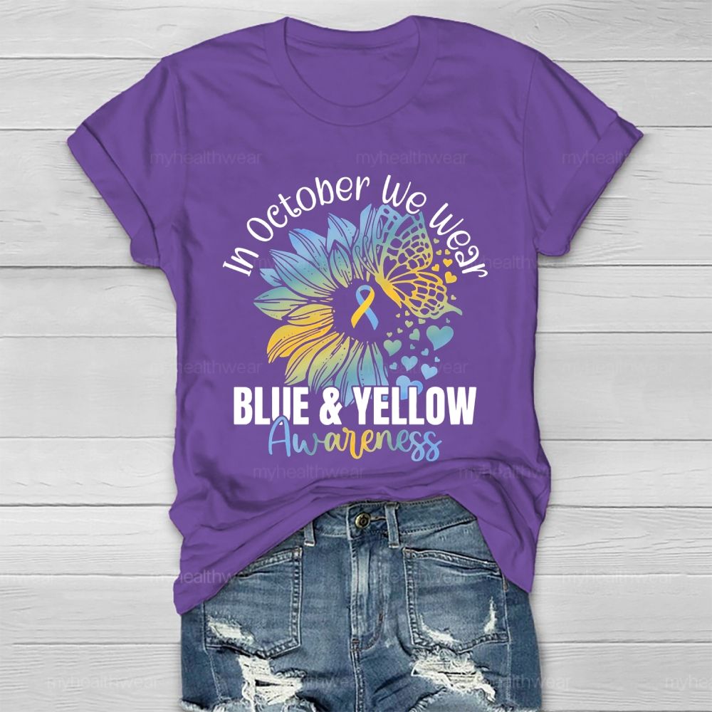 In October We Wear Blue & Yellow Awareness Letters  Healthwear T-shirt