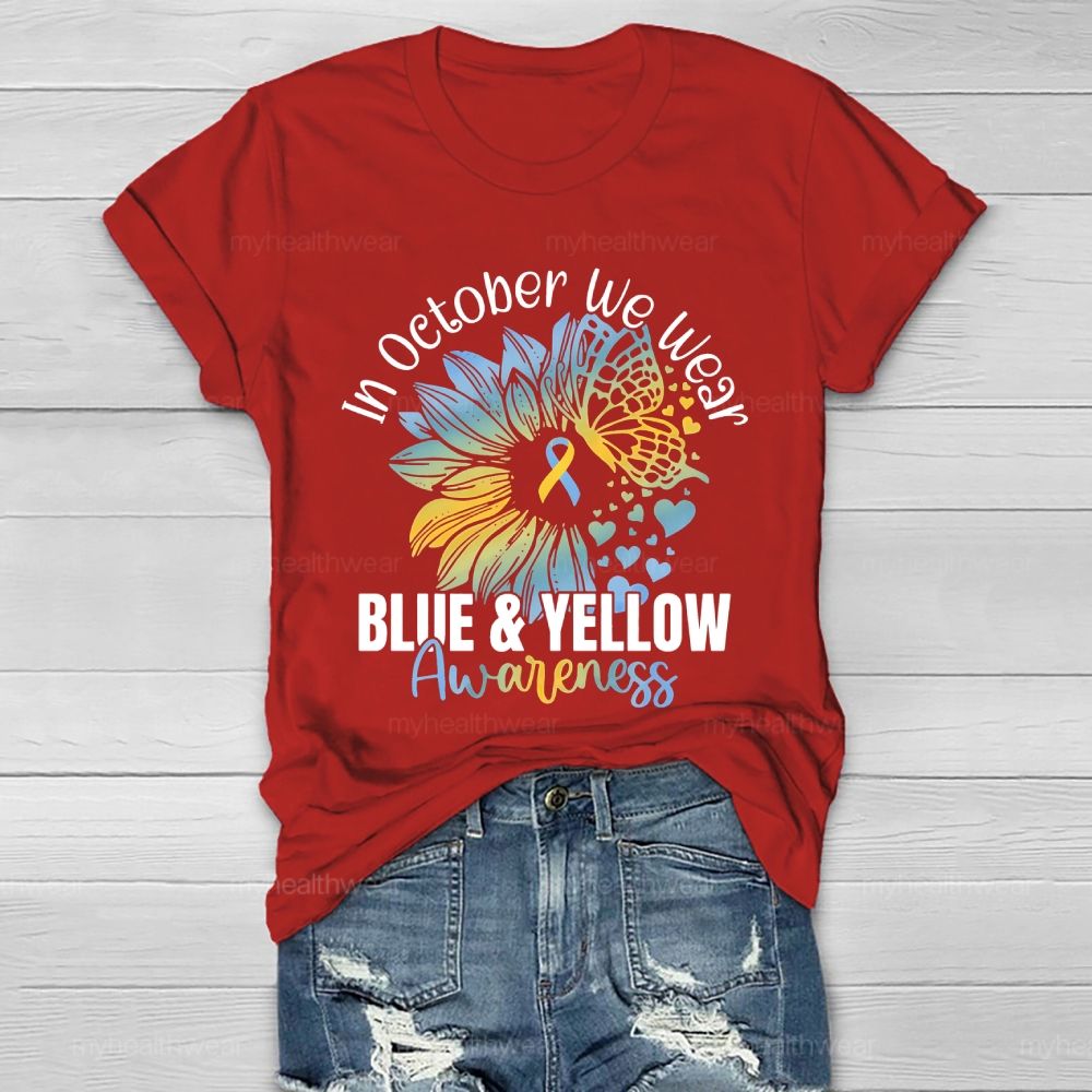 In October We Wear Blue & Yellow Awareness Letters  Healthwear T-shirt