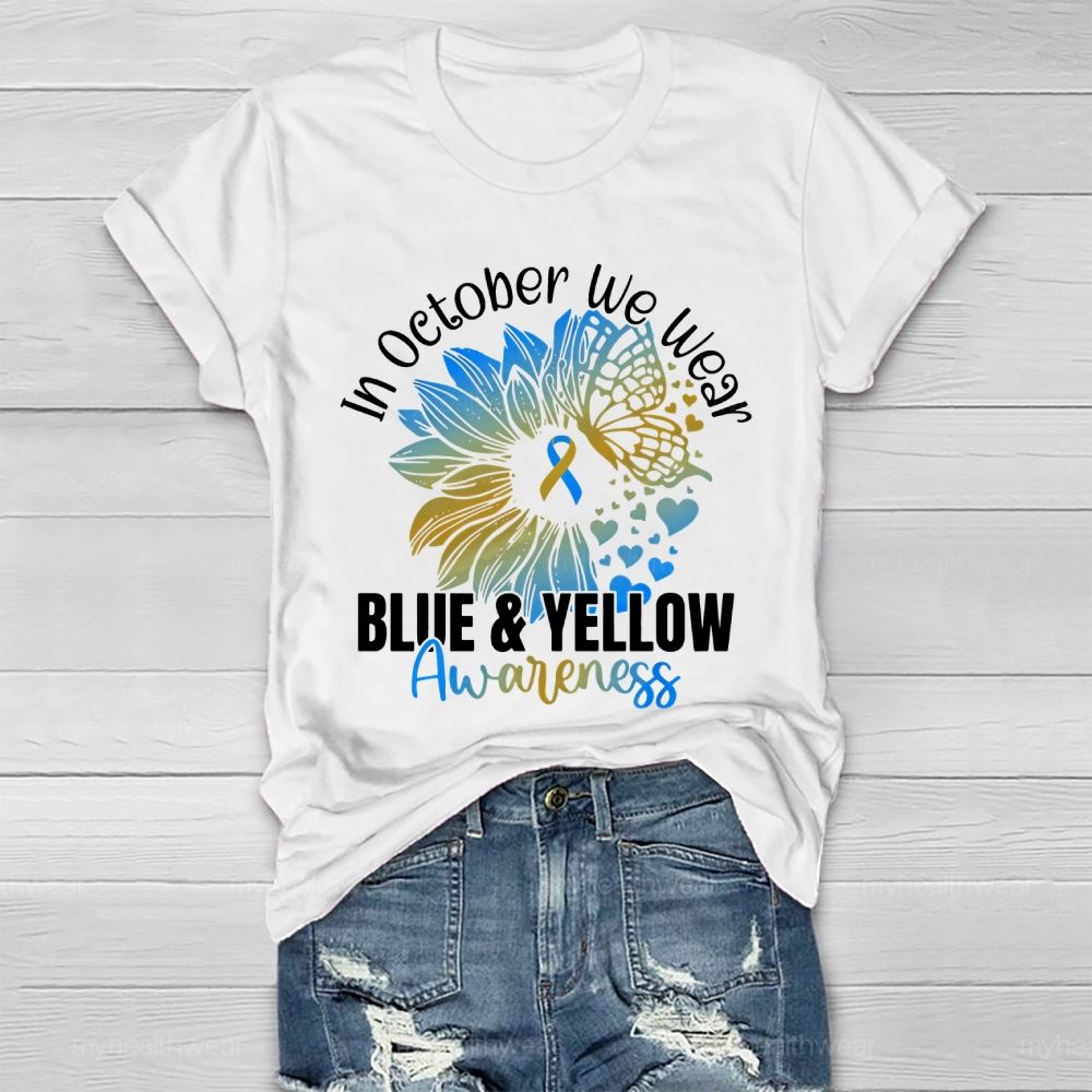 In October We Wear Blue & Yellow Awareness Letters  Healthwear T-shirt