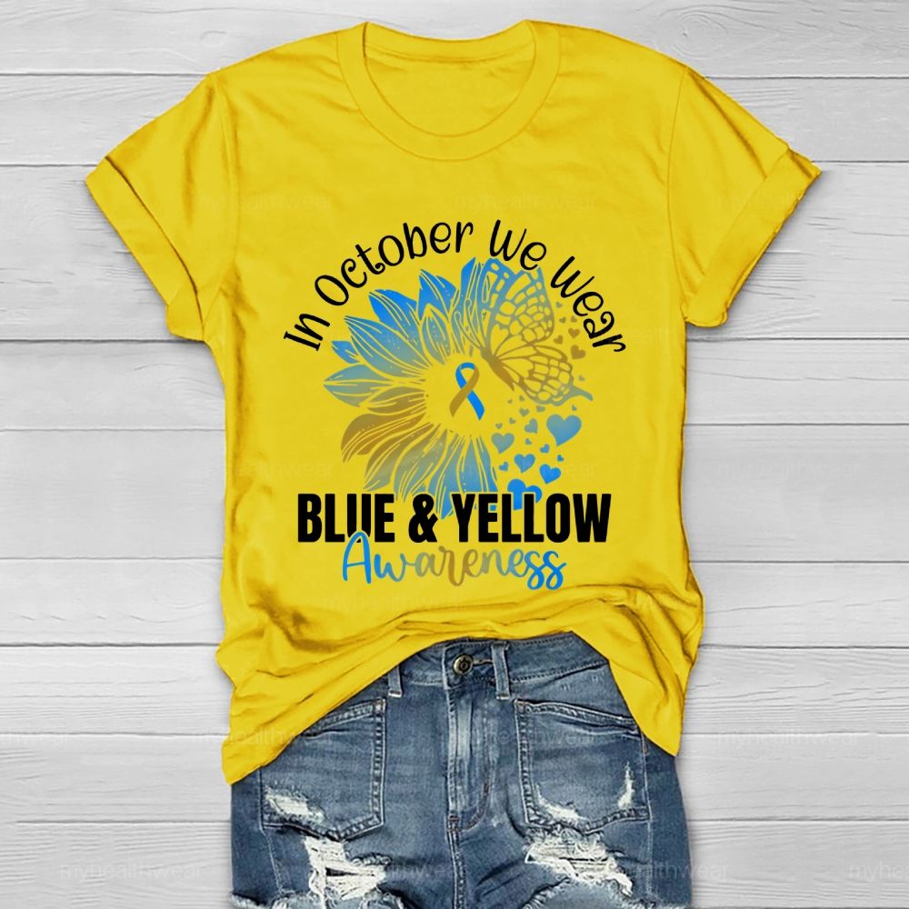 In October We Wear Blue & Yellow Awareness Letters  Healthwear T-shirt