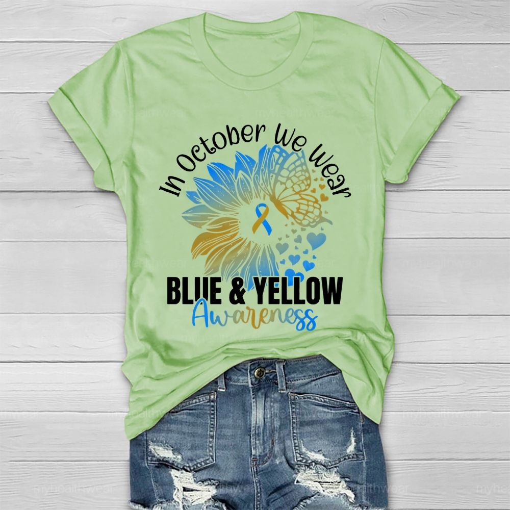 In October We Wear Blue & Yellow Awareness Letters  Healthwear T-shirt