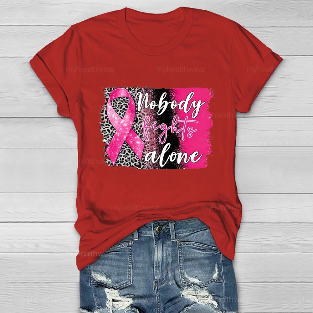 Nobody Fights Alone Pink Leopard Ribbon Healthwear T-Shirt